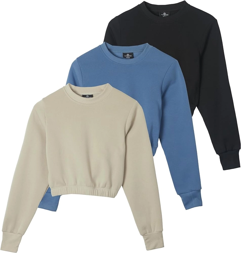 Real Essentials 3 Pack: Women's Fleece Cropped Sweatshirt - Long Sleeve Crew Neck Crop Top (Available in Plus Size)