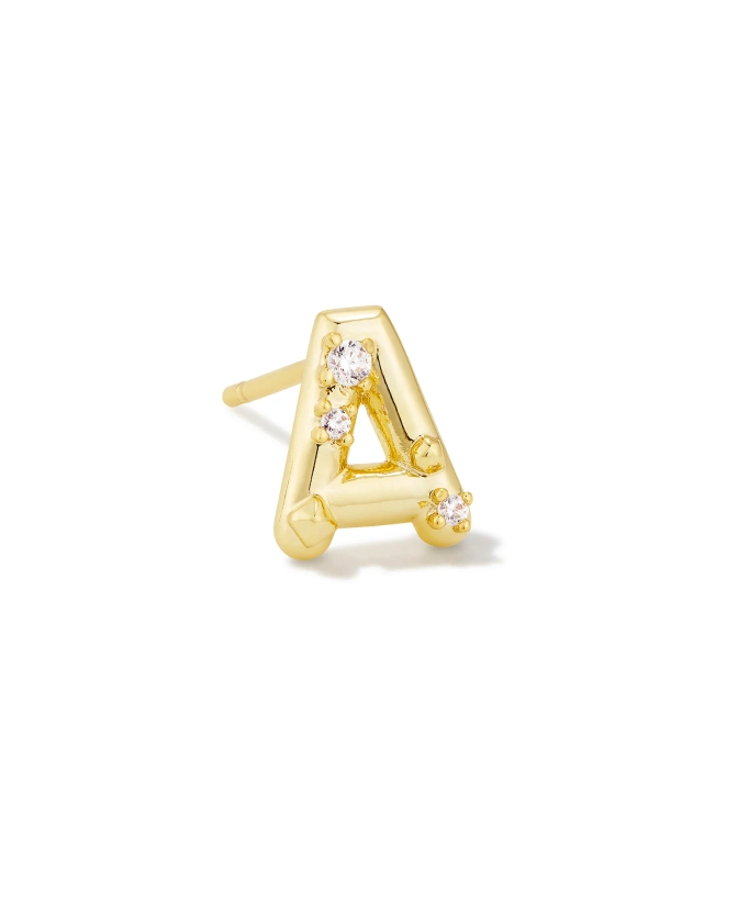 Crystal Letter A Gold Single Stud Earring in White Crystal