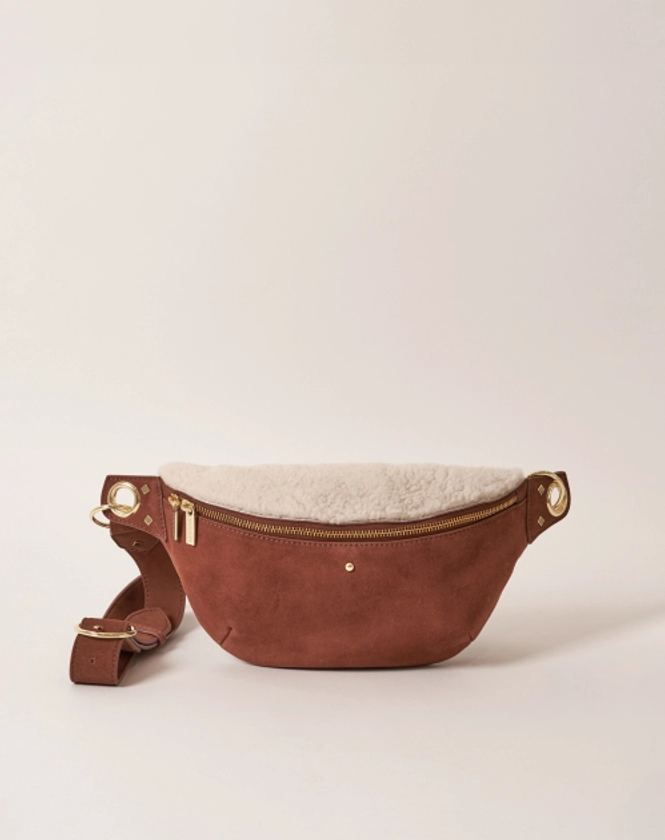 Sac banane en cuir suédé marron et laine sherpa pour femme