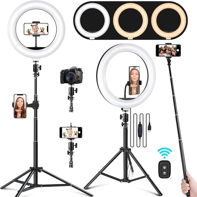 Ring Light with Stand and Phone Holder, 10.2" Selfie Ring Light with 65" Adjustable Tripod Stand, Dimmable LED Ring Light Kit for Tiktok/YouTube/Makeup/Photography, Selfie Stick and Ring Light 2 in 1