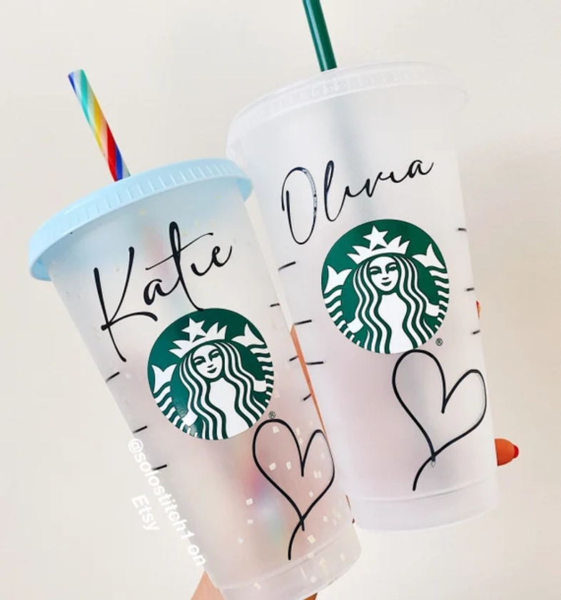 Personalised script cold cup with straw and lid. 24oz - cup size large