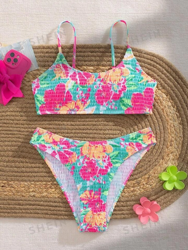 SHEIN Swim Mod Women Summer Beach Fashionable Vacation Style Flower Print Bikini Swimwear Set