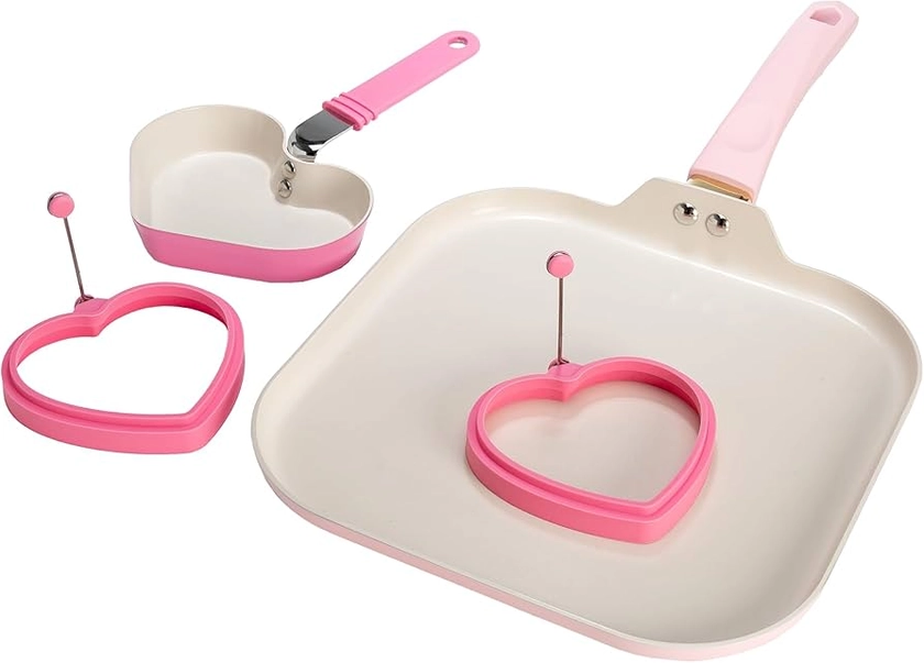 Amazon.com: Paris Hilton Breakfast Ceramic Nonstick Cookware Set, Includes Square Griddle, Mini Heart Shaped Fry Pan and Two Silicone Heart Shaped Egg Rings, 4-Piece Set, Pink: Home & Kitchen