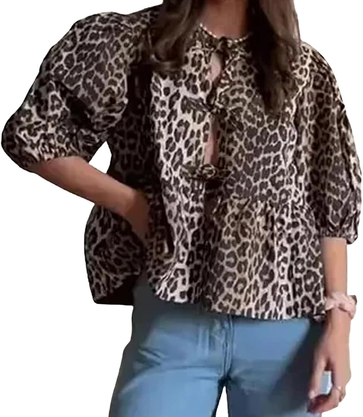 Tie Front Tops Women Y2k Leopard Print Peplum Babydoll Top 3/4 Length Puff Sleeve Coquette Tops Cute Going out Tops