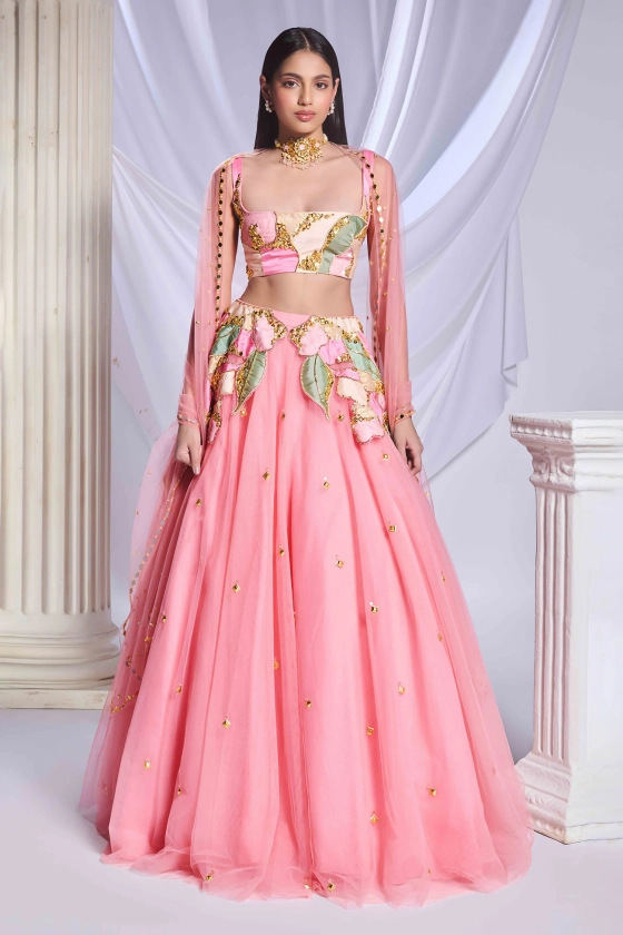 Buy Pink Tulle Embroidered Patchwork Square Preach Lehenga Set For Women by Papa Don't Preach Online at Aza Fashions.