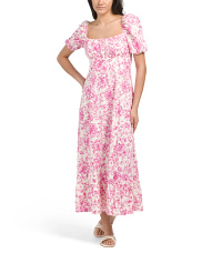 Linen Blend Puff Sleeve Ruched Empire Smocked Back Dress | Women | T.J.Maxx