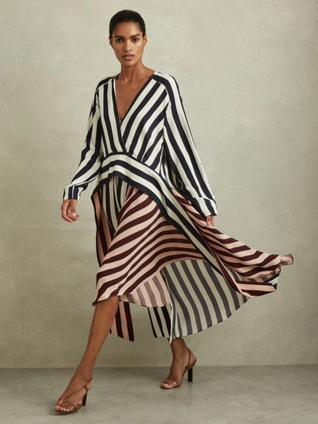 Colourblock Stripe Asymmetric Midi Dress in Navy/Off White