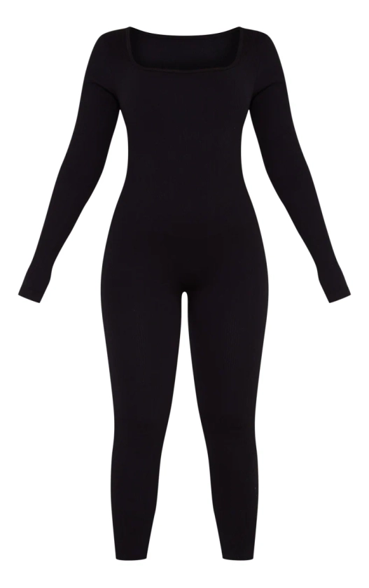 Black Contour Rib Square Neck Long Sleeve Jumpsuit