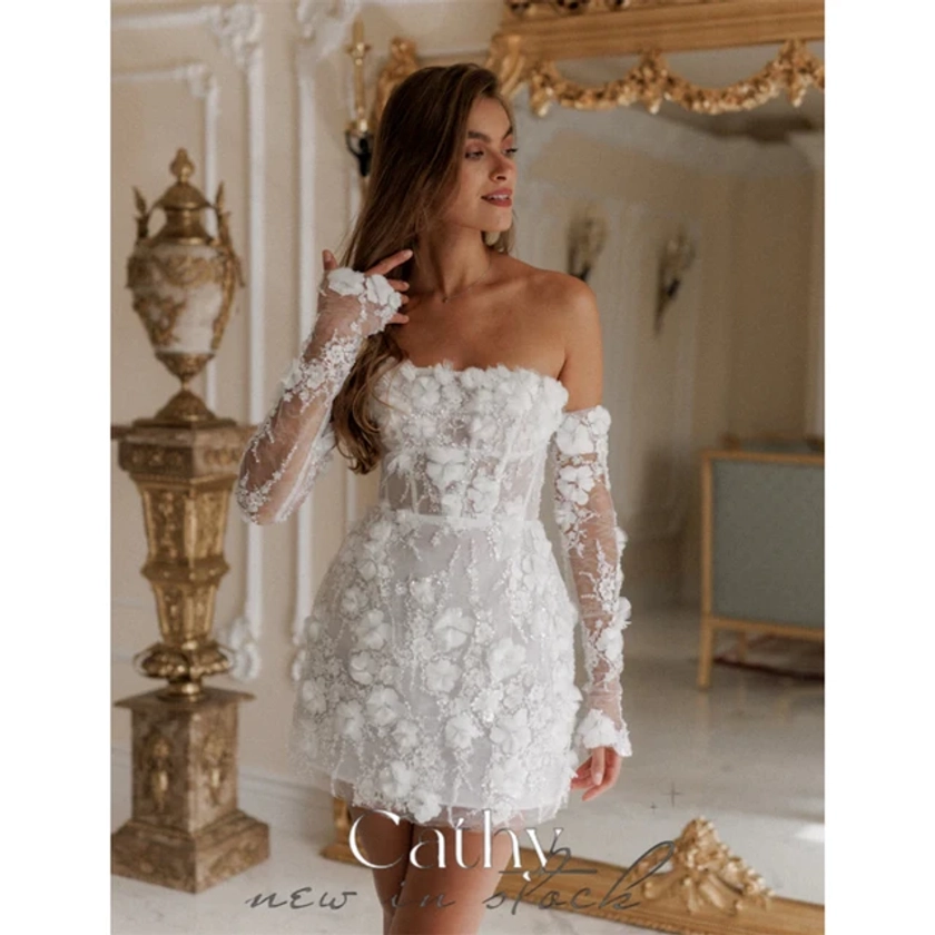 Cathy White Mini Prom Dresses Flower Lace Embroidery Evening Dress Elegant Off Shoulder Detachable Sleeves vestidos de fiesta - AliExpress 