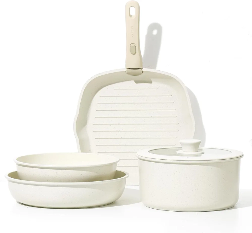 CAROTE Set Poele et Casserole Induction 6 Pièces, Poêle à Frire 22cm/26cm, Poêles Grill 28cm, Casserole 22cm, Antiadhésif, Poignée Amovible, Batterie de Cuisine avec Couvercles, Passe au Four