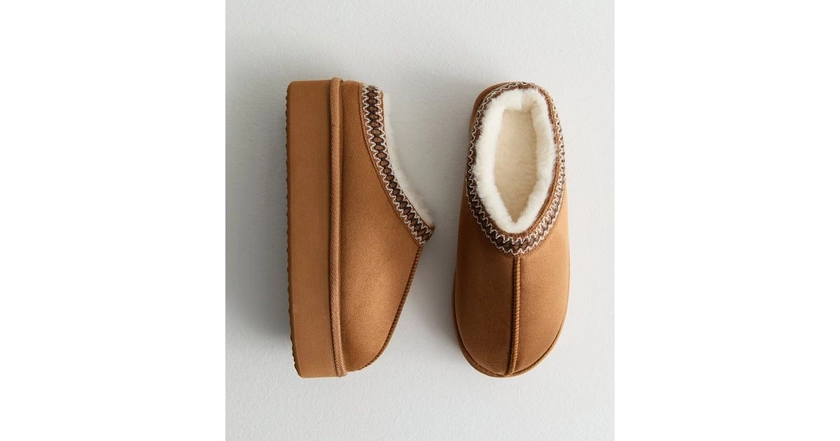 Tan Woven Trim Faux Fur Lined Slippers | New Look