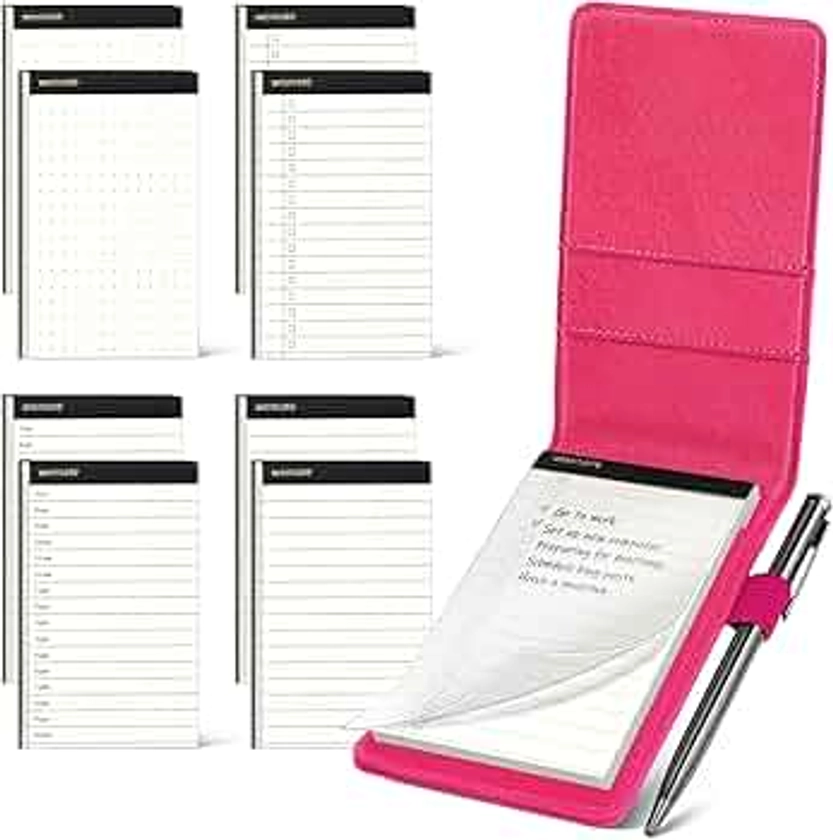 WEMATE 10 Pieces Small Notepad Holder Set Pocket Notebook - Included Mini Pocket Notepad Holder Set with 8 Memo Book Refills and Metal Pen for Meetings, Daily Records, and Notes 3 x 5 Inch (Rose Red)