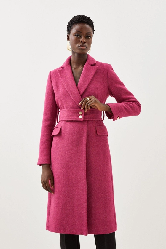 Italian Manteco Wool Mix Button Detail Belted Midi Coat | Karen Millen