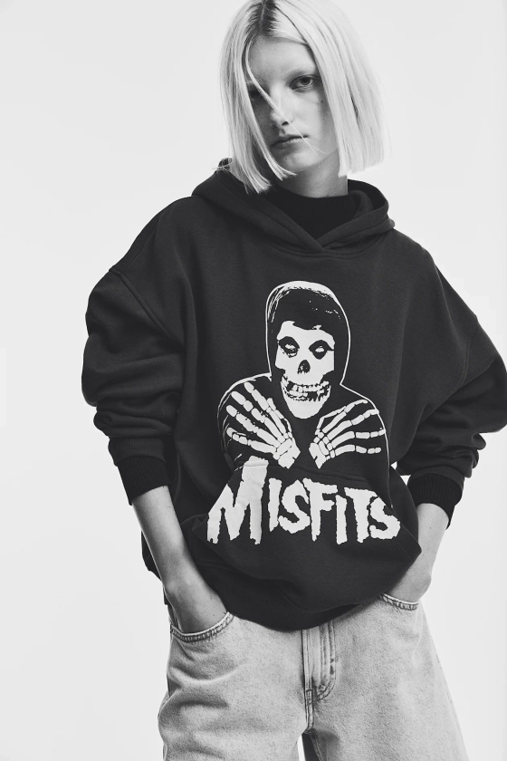 Oversized motif-detail hoodie - Long sleeve - Regular length - Dark grey/Misfits - Ladies | H&M GB