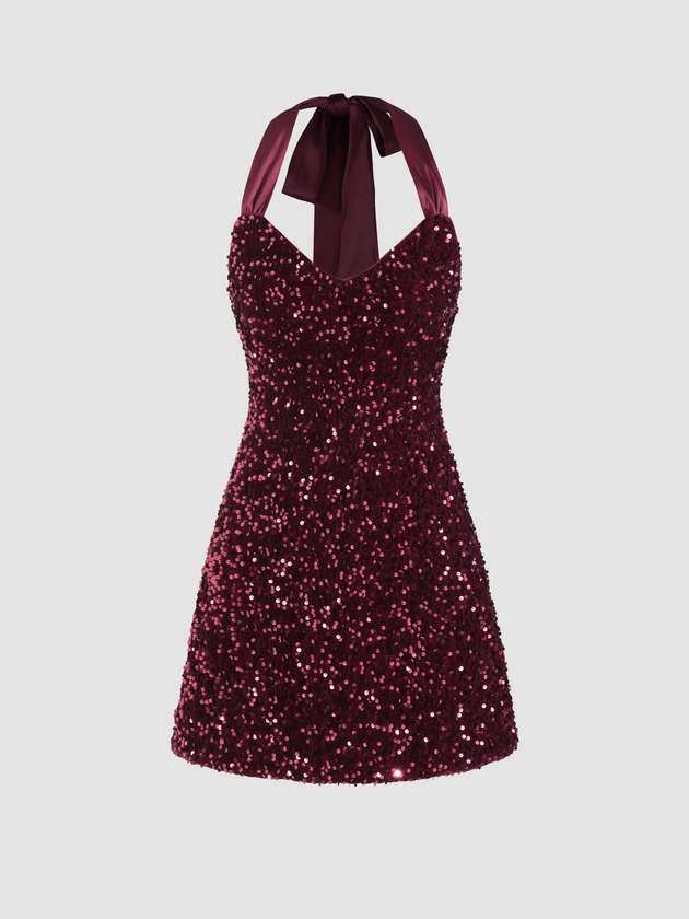 Sequin V-neck Halter Mini Dress