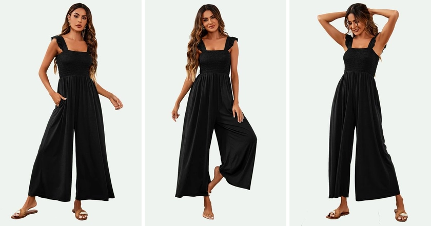 Stretchy Smocked Wide Leg Jumpsuit In Black | FS Collection | SilkFred