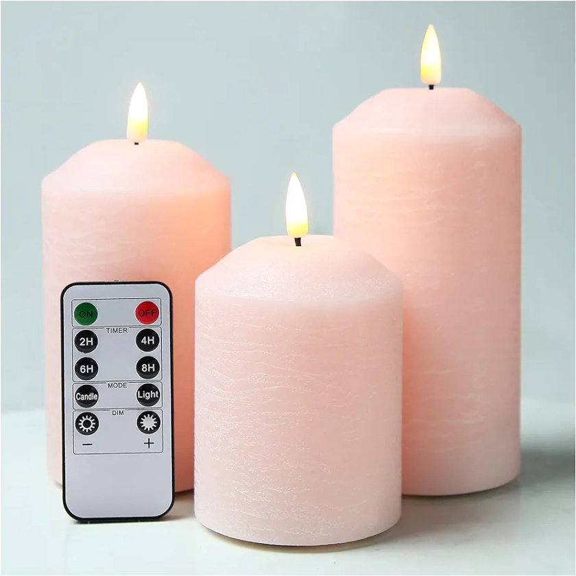 Eywamage Blush Pink Flameless Pillar Candles with Remote, Flickering Real Wax LED Battery Operated Candles D 3" H 4" 5" 6"