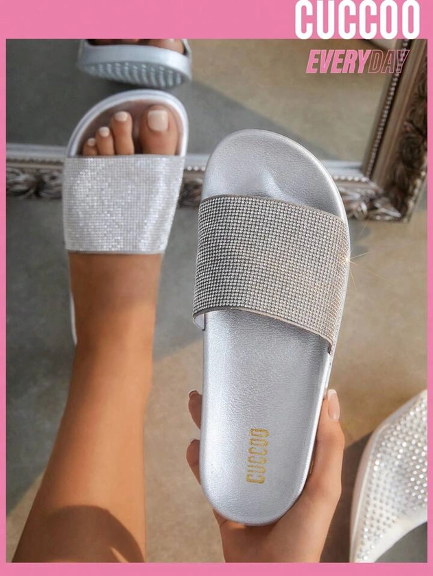 Cuccoo Everyday Collection Woman Shoes Rhinestone Decor Outdoor And Indoor Glamorous Silver Plastic Flat Slides For Spring And Summer