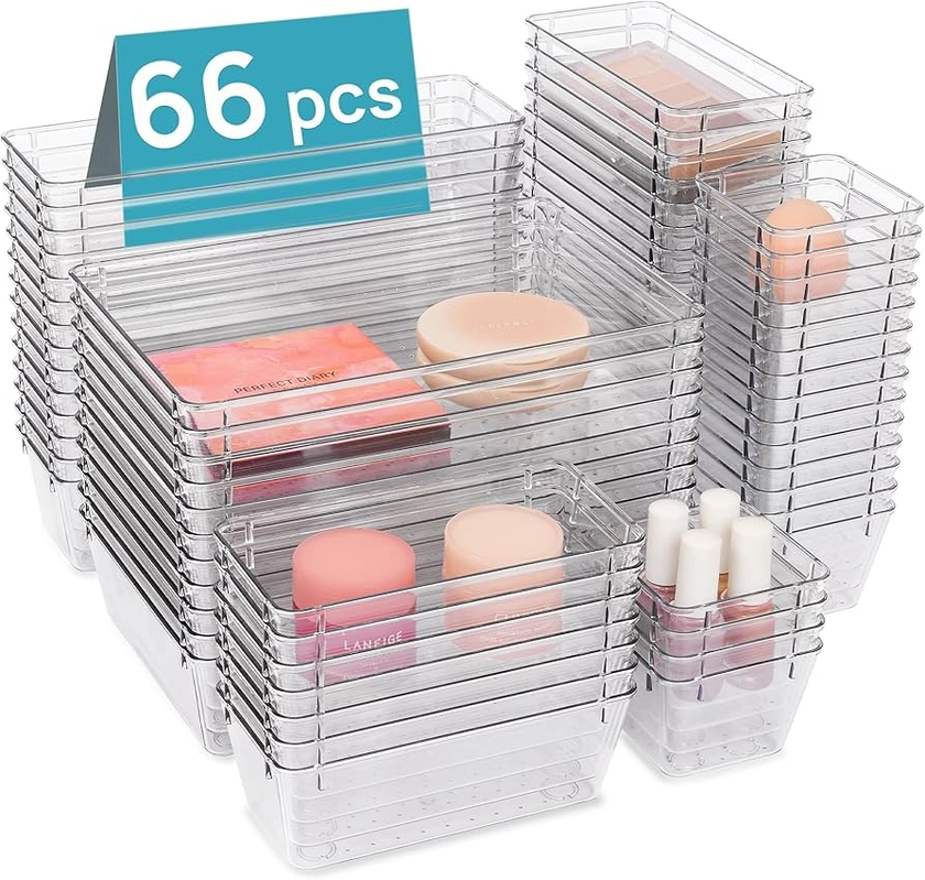 Vtopmart 66 PCS Clear Plastic Drawer Organizers Bins, 4-Size Versatile Bathroom and Vanity Organizer Trays, Non-Slip Storage Containers for Makeup, Jewelries, Bedroom，Kitchen Utensils and Office