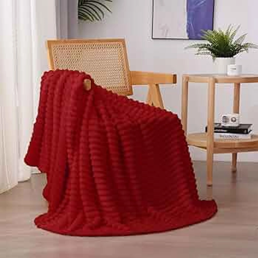 Red Fleece Throw Blanket 50”×60” for Couch Sofa Bed,Super Soft Cozy Plush Microfiber Flannel Blanket with Stripes Design Lightweight for Adults,Woman,Girls