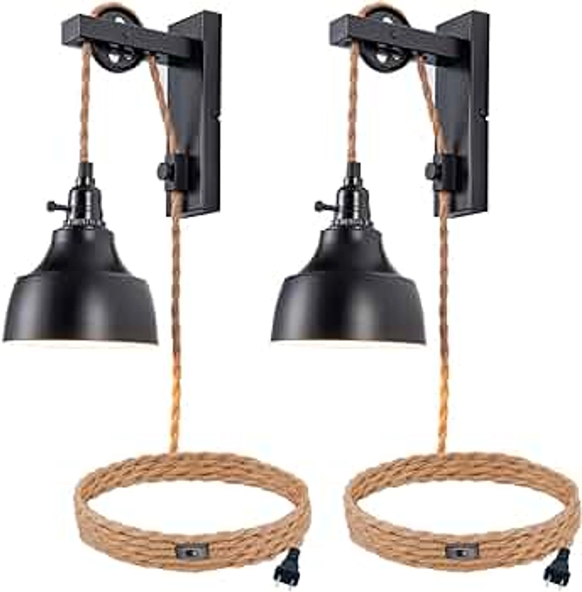 8FT Plug in Wall Sconces Pulley Wall Lamps Vintage Hanging Light Fixture Wall Lights with Plug in Cord On/Off Switch Set of Two Black Wall Lamp for Bedroom, Living Room and Hotel