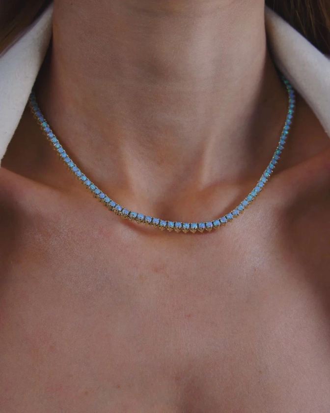 Not Your Basic Blue Opal Tennis Necklace 16" - Gold|Blue Opal