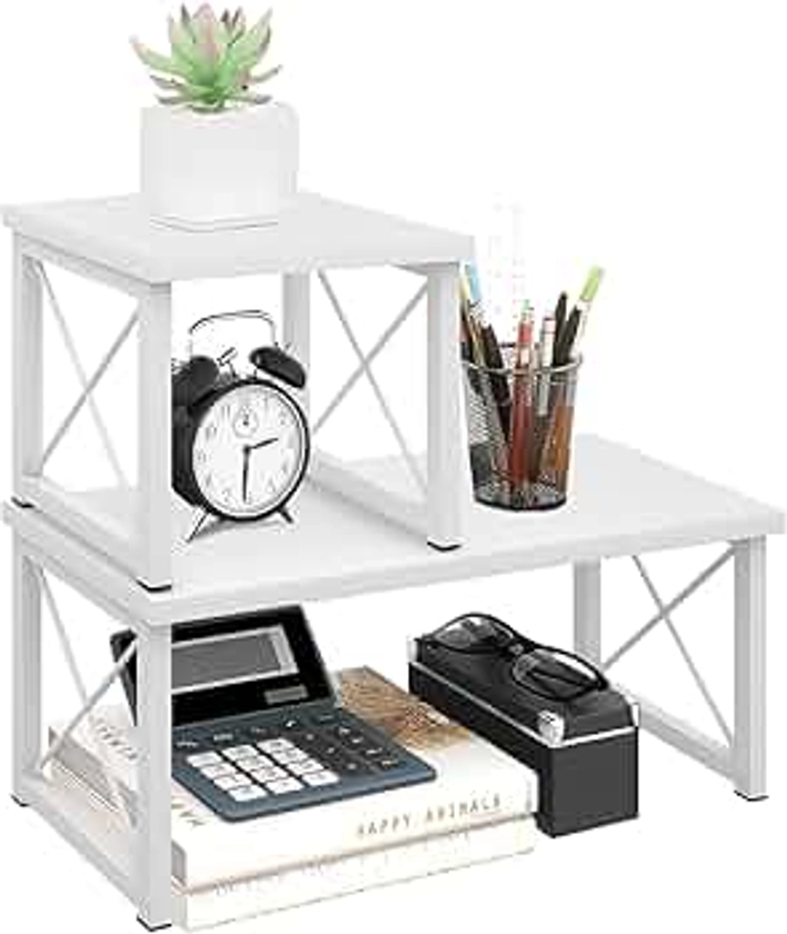 ELITEROO Wood Desktop Shelf, Freestanding Small Bookshelf Dorm Supplies Organizers, 2 Tier Independent Stackable Desk Stand, Adjustable Storage Organizer, Kitchen Counter Display Rack, White