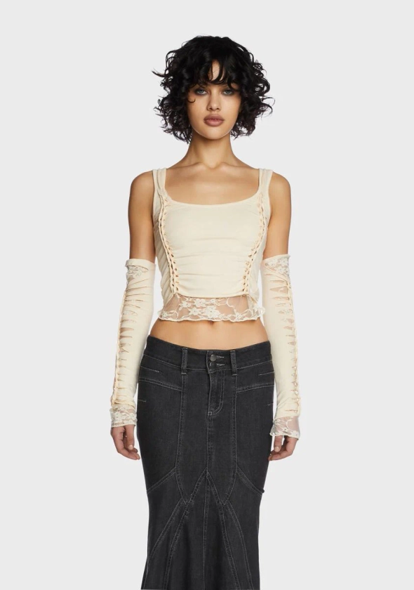 Current Mood Lace Cut Out Crop Top And Gloves Set - Off White