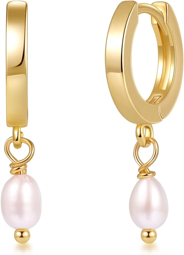 Fiusem Pearl Earrings for Women, 14K Gold Plated Small Hoops and Pearl Dangle Earring With 925 Sterling Silver Post