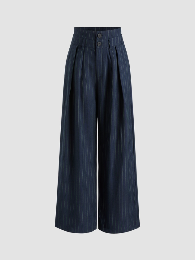 Mid Waist Striped Pleated Button Trousers - Cider