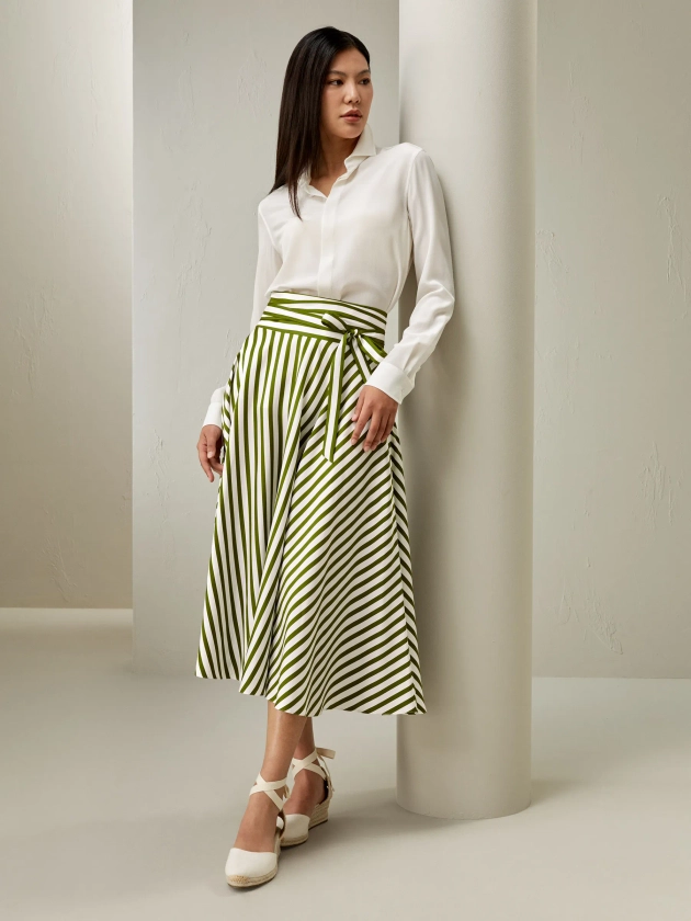Silk Striped Midi Skirt