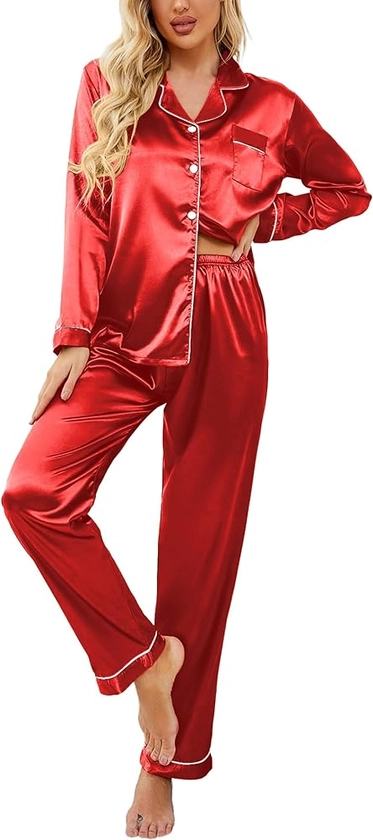 Ekouaer Women's Classic Button Down Long Satin Silk Pajama Set