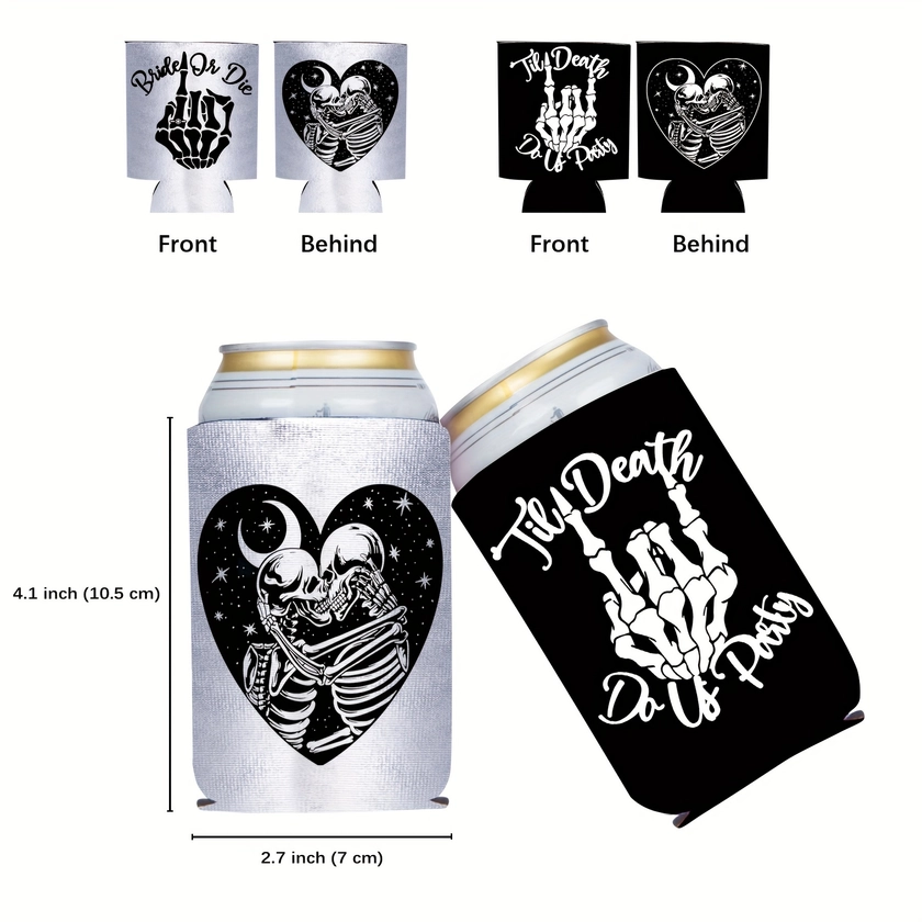 12pcs/Set, Gothic Bride Or Die Black Silver White Bachelorette Party Can Sleeves, Halloween Rock Till Death Do Us Beverage Party Can Cooler Holder Sku