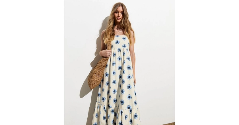 White Star Print Lace-Up Cotton-Linen Midi Dress | New Look