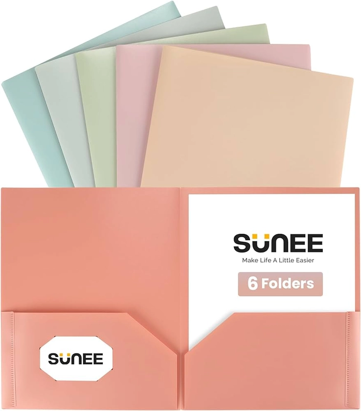 SUNEE 2 Pocket Folders (6 Pack, Vintage Colors) Heavy-Duty Plastic Folders with Pockets, Fit 8.5x11 Letter Size Paper, 2-Pocket File Folders for Kids, Home, School, Office