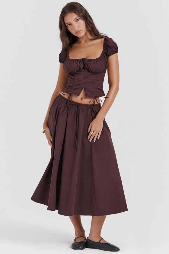 Clothing : Skirts : 'Cora' Rich Brown Gathered Midi Skirt