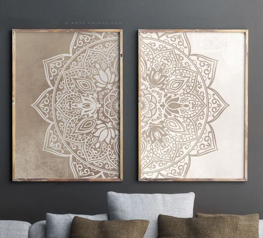 Boho Wall Decor, Beige Taupe Mandala Set of 2 Prints, Boho Bedroom Living Room Decor, Printable Wall Art, Digital Download - Aga Szafranska