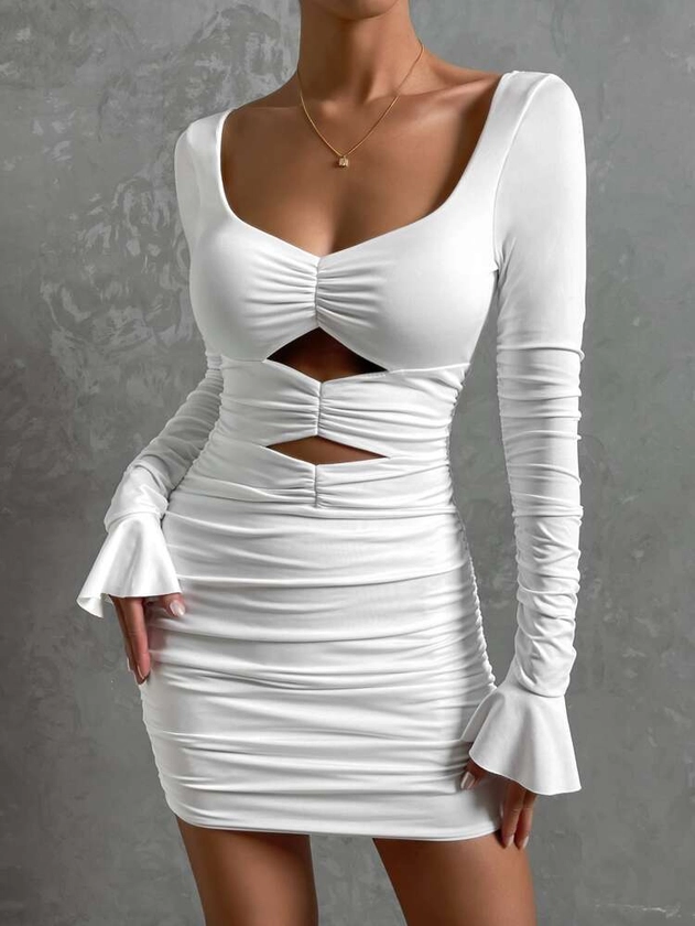 Cut Out Flounce Sleeve Ruched Bodycon Dress