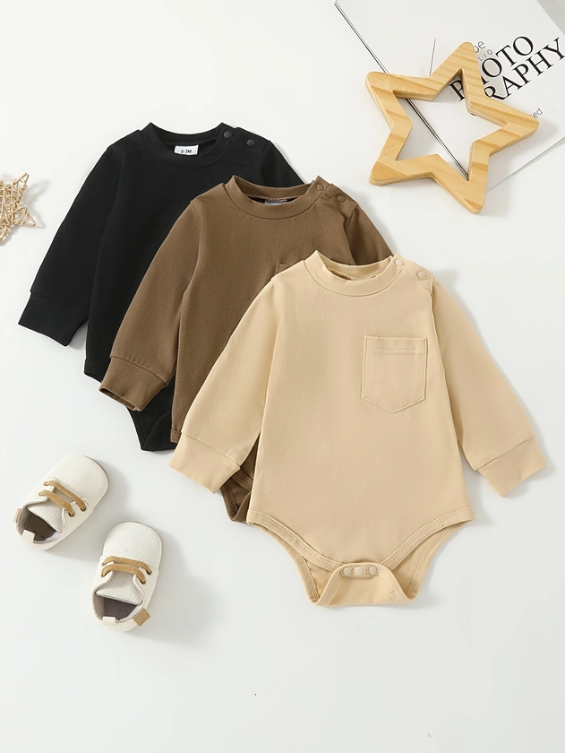 3pcs Infant&#39;s Solid Color Bodysuit, Versatile Comfy Long Sleeve Onesie, Baby Boy&#39;s Clothing, As Gift