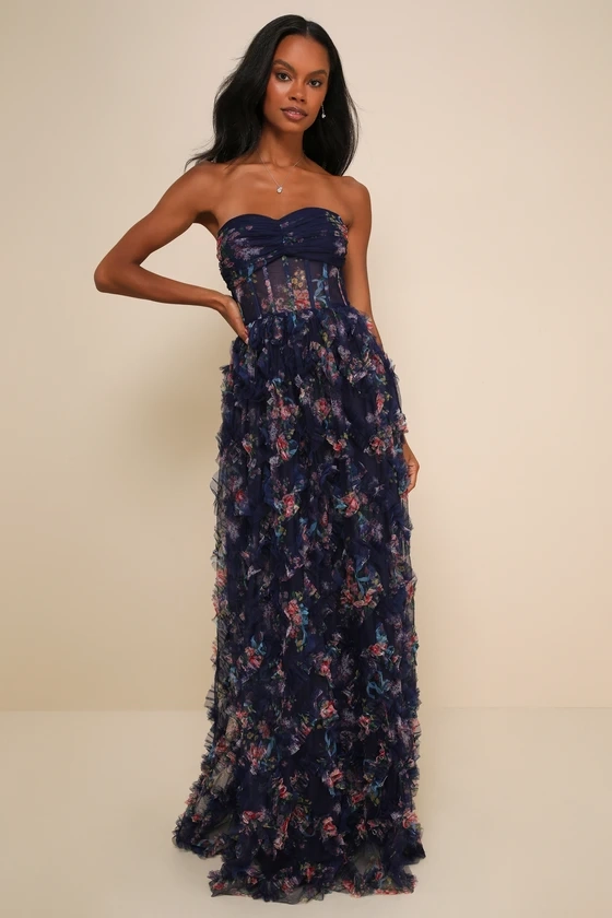 Stunning Element Navy Floral Mesh Ruffled Strapless Maxi Dress