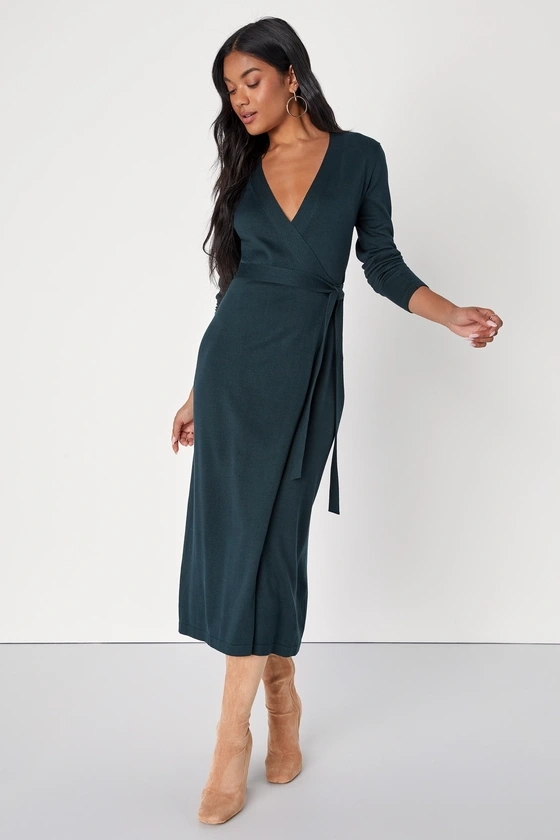 Literary Lover Emerald Green Midi Wrap Sweater Dress