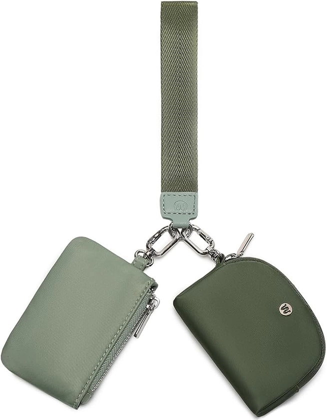 Mini Zip Around Wristlet Wallet for Women Detachable Dual Pouch Wristlet Portable Coin Pocket Keychain Small Purse (Green)