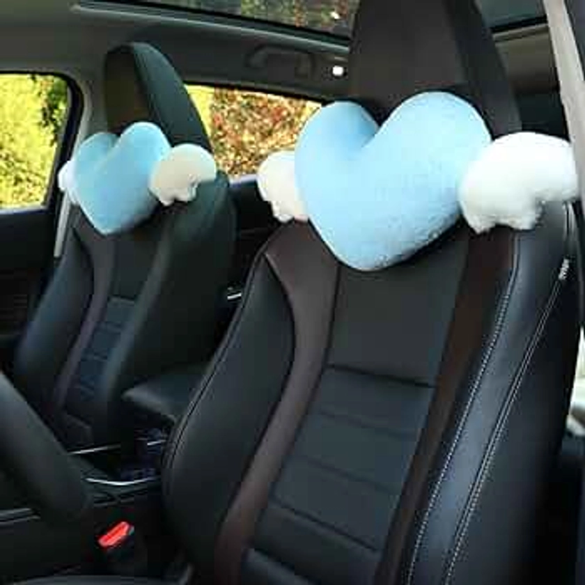 2 Pack Heart Shaped Cute Car Headrest Pillow with Angel Wings - Comfortable Soft Head Rest Cushion Kawaii Car Accessories Neck Pillow for Driving Travelling Office Home Decor - Light Blue Love Heart