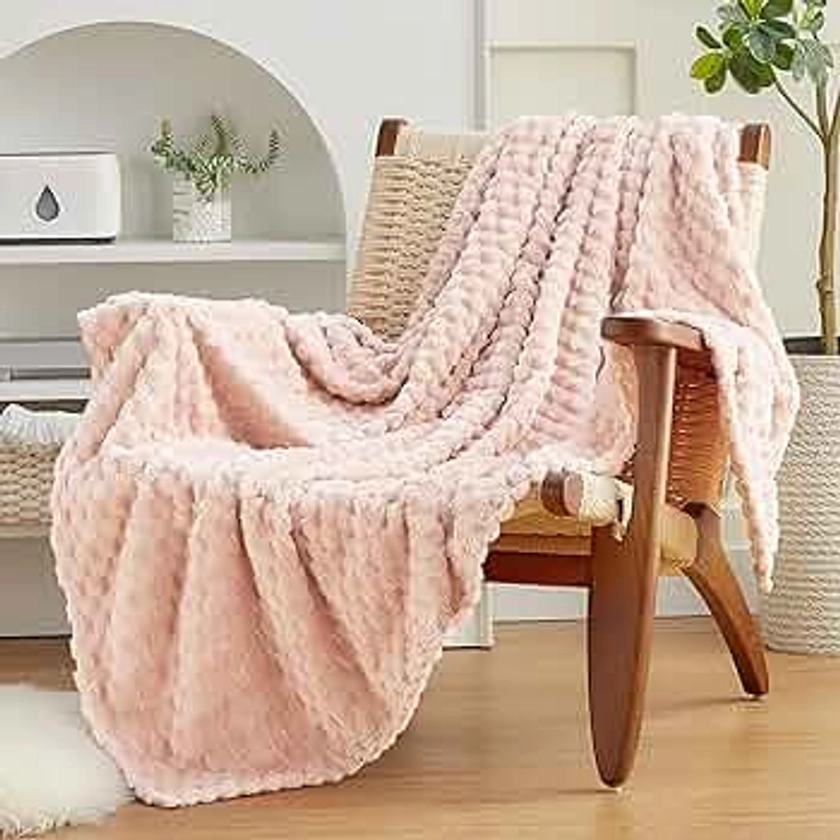 EXQ Home Fleece Blanket Twin Size for Couch or Bed - 3D Imitation Turtle Shell Jacquard Decorative Blankets - Cozy Soft Lightweight Fuzzy Flannel Blanket Suitable for All Seasons(60"×80",Pink)