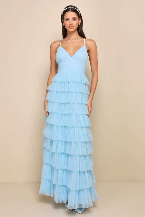 Radiant Event Light Blue Mesh Tiered Pleated Backless Maxi Dress