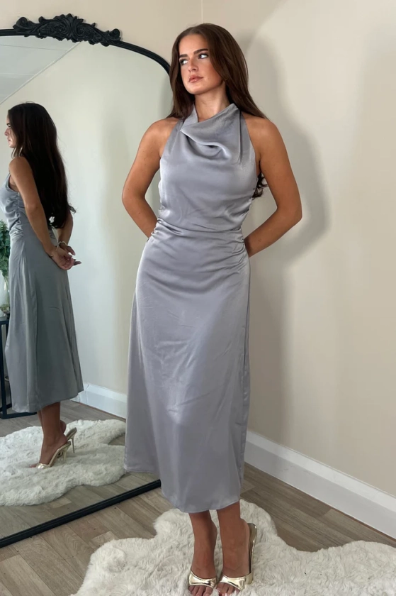 Kaz Cowl Neck Grey Midi Dress