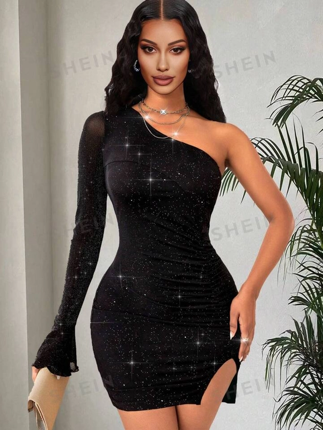 Ladies' Sexy One Sleeve Ruffle Edged Bodycon Dress With Irregular Shimmer Splice Design