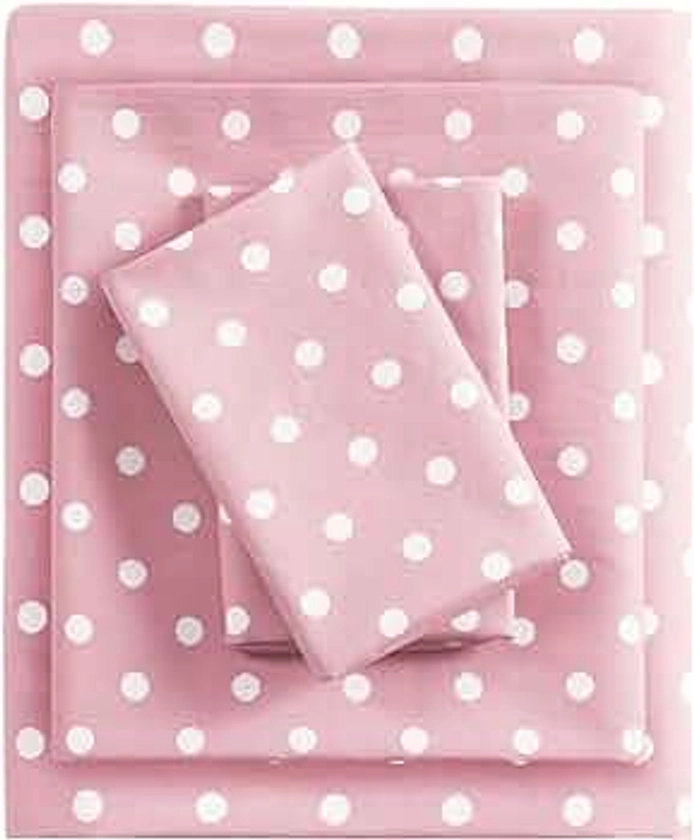Mi Zone Pink Twin Size Sheet Sets Kids Polka Dot Sheets for Girls 100% Cotton Percale Soft Sheet Set, Flat Sheet, Fitted Sheet, Pillowcase, Breathable All Season Bed Set, Fits up to 14" Mattress
