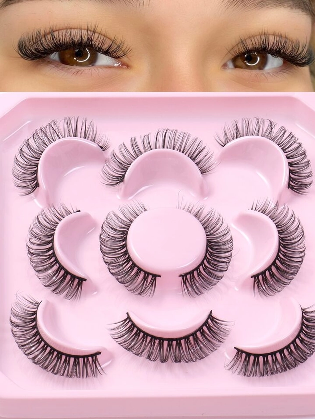 5 Pairs/set 9-15mm Full Strip Super Natural Soft & Realistic Fluffy False Eyelashes With Ultra-fine Dark Stem For Lightweight And Comfortable Wear. For Dramatic And Charming Eyelashes, Reusable & Portable, Suitable For All Occasions