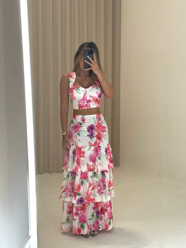 PRE ORDER SHIPS 03/06 GIGI Ruffle Skirt Floral Print Co-ord in Pink in
